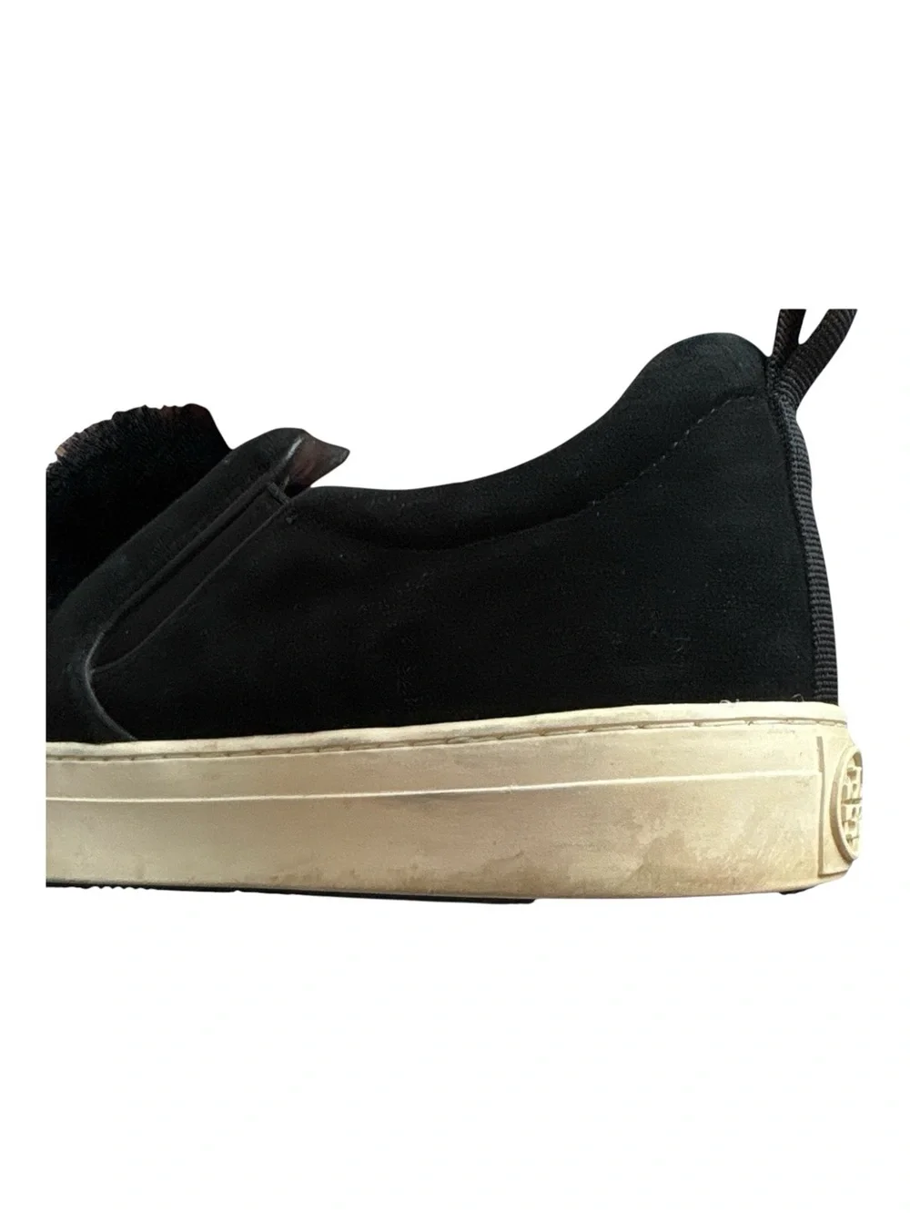 Tory Burch Silk Pom Pom Suede Leather Slip-On Sneakers Shoes Black Size 8M